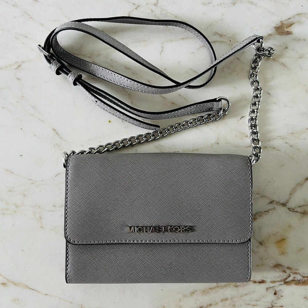 MICHAEL KORS Jet Set Travel Pearl Grey Leather Phone Crossbody Bag